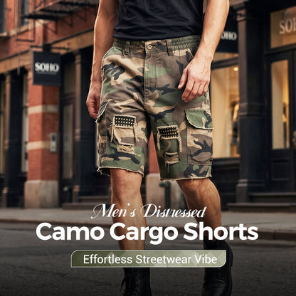 🔥 50% OFF NOW!⚡ Men's Studded Camo Cargo Shorts – Distressed, Multi-Pocket & Elastic Waist – Rugged Streetwear Cargo Shorts 🛹