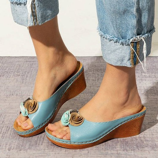 🔥Hot Sale 49% Off🔥Womens Comfy Leather Solid Flower Strap Wedge Sandals