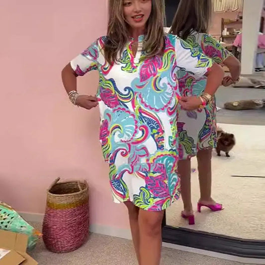 Colorful printed V-neck dress for women