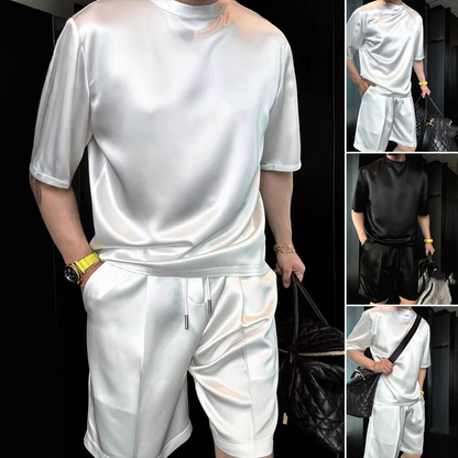 🏆Flash Sale⚡🔥High Quality Men's Mercerized Cotton Casual Solid Color Top and Shorts Two-Piece Set【Loose fit, suitable for all occasions】