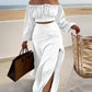 Ruched Lantern Sleeve Top & Slit Skirt Set
