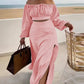 Ruched Lantern Sleeve Top & Slit Skirt Set