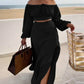 Ruched Lantern Sleeve Top & Slit Skirt Set