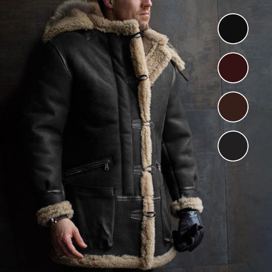 [warm gift] men’s vintage hooded suede leather fur coat